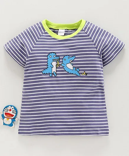 Meng Wa Half Raglan Sleeves Striped Tee Animal Print - Blue