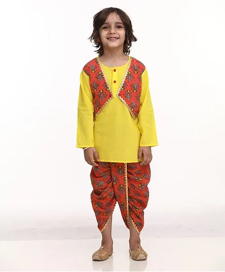 BownBee Full Sleeves Hand Block Flower Print Kurta & Dhoti Set - Orange & Yellow