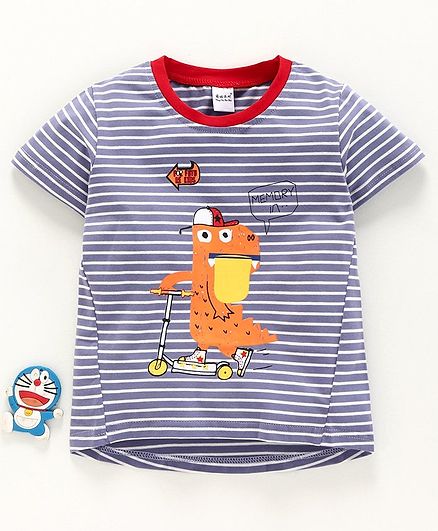 Meng Wa Half Sleeves Striped Tee Dino Print - Blue