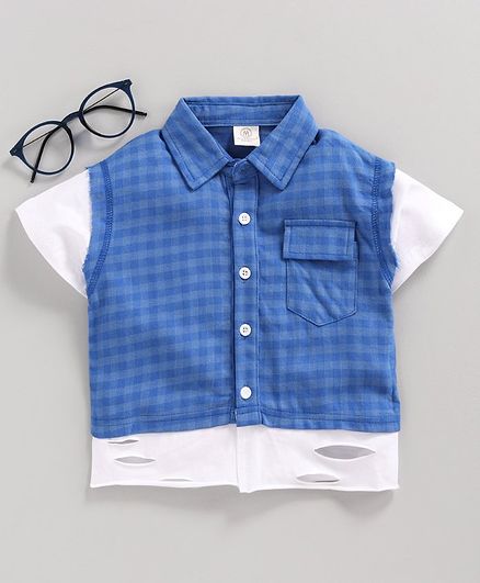 Meng Wa Half Sleeves Checks Shirt - White Blue