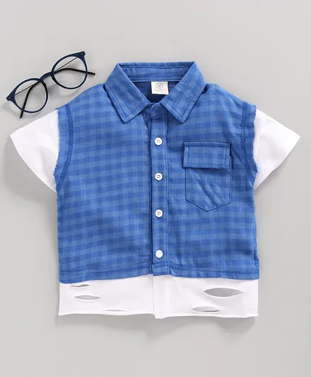 Meng Wa Half Sleeves Checks Shirt - White Blue