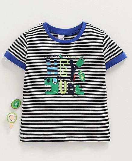 Meng Wa Half Sleeves Striped Tee Hey Dude Print - Black
