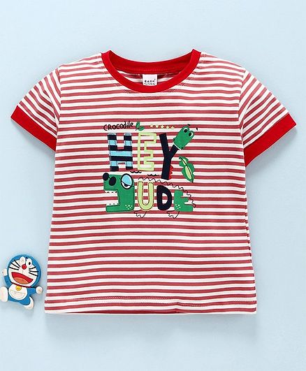 Meng Wa Half Sleeves Striped Tee Dude Print - Red