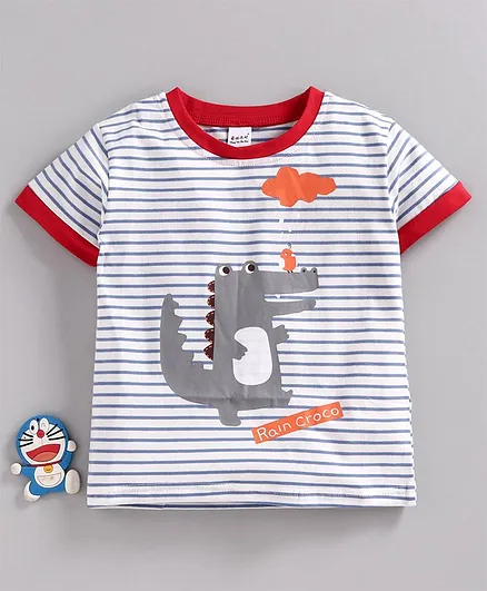 Meng Wa Half Sleeve Striped Tee Crocodile Print - Blue
