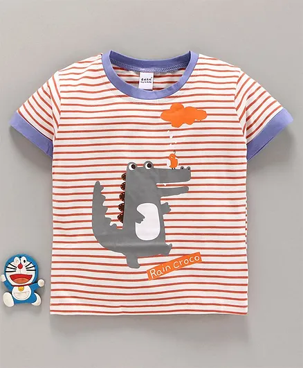 Meng Wa Half Sleeve Striped Tee Crocodile Print - Pink