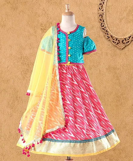 Kids Chakra Geometric Print Half Sleeves Choli With Dupatta & Lehenga Set - Blue