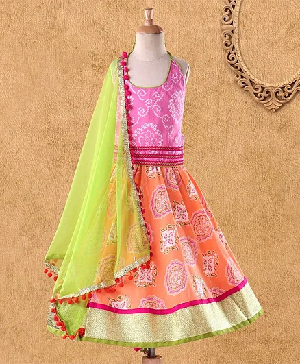 Kids Chakra Bandhani Print Sleeveless Choli With Dupatta & Lehenga Set - Pink