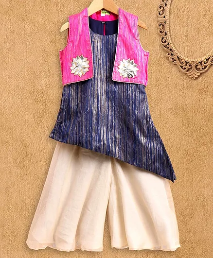 Kids Chakra Sleeveless Kurta With Flower Applique Shrug & Palazzo - Blue