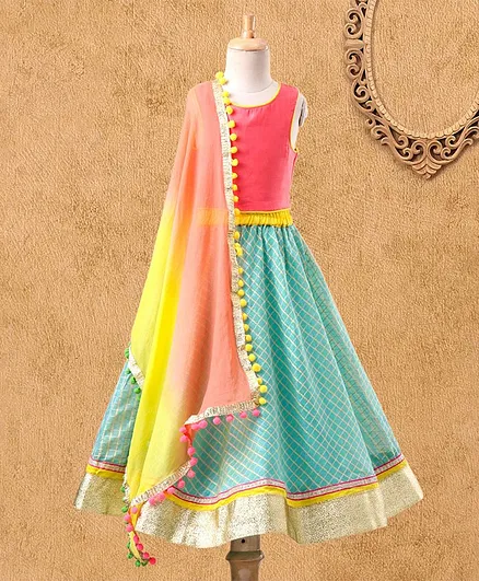 Kids Chakra Geometric Print Lehenga With Sleeveless Choli & Dupatta - Blue & Pink