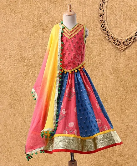 Kids Chakra Floral Print Sleeveless Choli With Dupatta & Lehenga - Peach