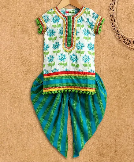 Kids Chakra Flower Print Short Sleeves Kurta With Dhoti - Green & White