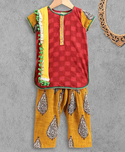 Kids Chakra Half Sleeves Kurta With Dupatta & Printed Salwar Set - Red & Yellow
