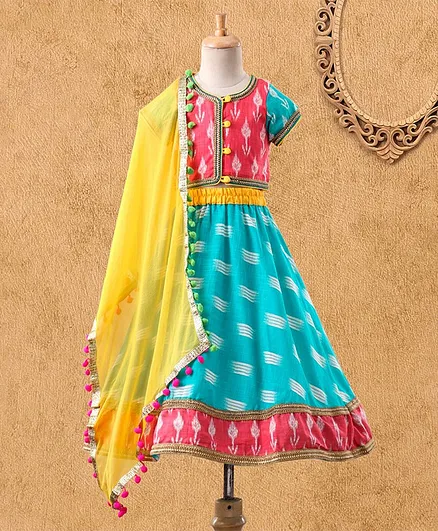 Kids Chakra Half Sleeves Geometric Ghagra Choli Set With Dupatta - Teal & Pink