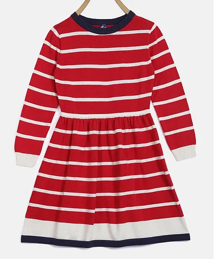 Blue Giraffe Full Sleeves Striped Dress - Red