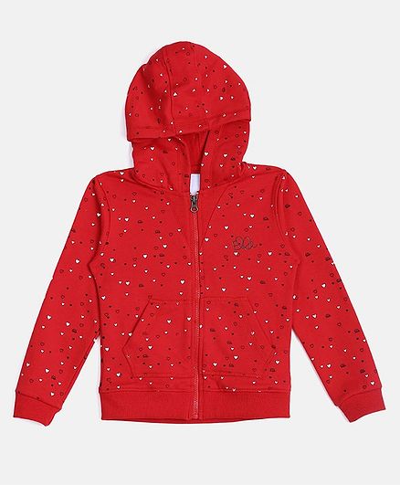 Elle Kids Full Sleeves Heart Print Hooded Sweater - Red
