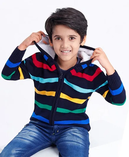 Babyhug Full Sleeves Hooded Stripe Sweater - Navy Blue Multicolour