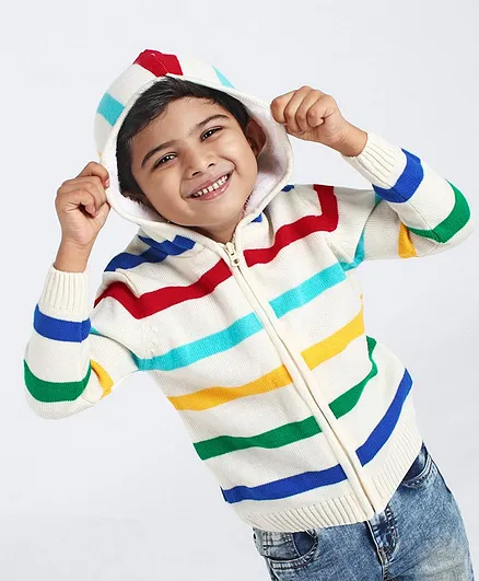 Babyhug Full Sleeves Hooded Stripe Sweater - Multicolour