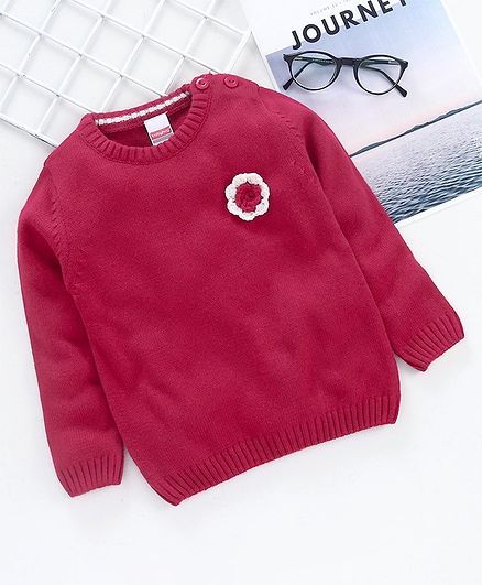 Babyhug Full Sleeves Sweater Flower Applique - Dark Pink