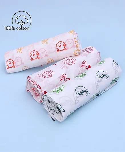 Zoe 100% Malmal Cotton Swaddle Wraps Aquatic Animal Print - Pack of 3