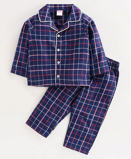 Babyhug Full Sleeves Checked Woven Night Suit - Blue