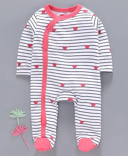Babyhug Full Sleeves Striped Footed Sleepsuit Heart Print - White