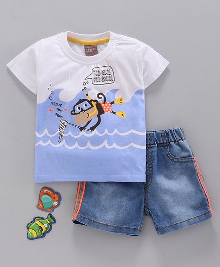 Little Kangaroos Half Sleeves Tee & Pull On Denim Shorts Monkey Print - White Blue