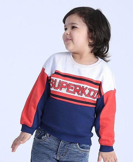 Babyoye Cotton Brushed Fleece Full Sleeves Sweatshirt Superkid Print - White Red Navy Blue
