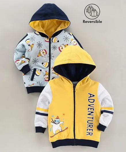 Babyoye Cotton Blend Full Sleeves Hooded Reversible Sweatshirt Adventure Print- Yellow Grey