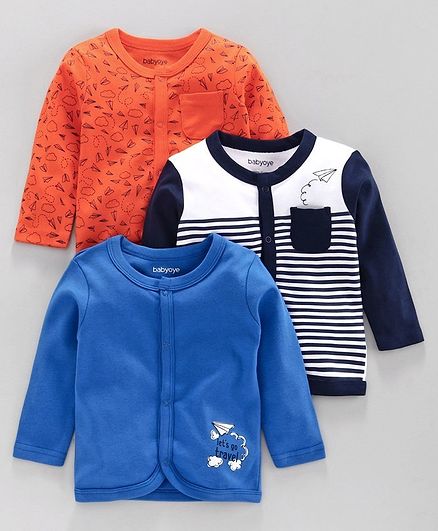 Babyoye Cotton Full Sleeves Jhabla Printed & Striped Pack of 3 - Orange Blue