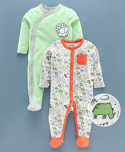 Babyoye Cotton Blend Full Sleeves Footed Sleepsuits Animal Print Pack of 2 - Green Light Grey