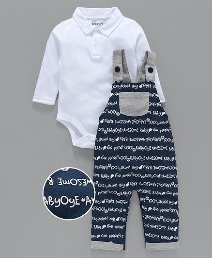 Babyoye Printed Cotton Dungaree with Inner Full Sleeves Onesie - White Navy Blue