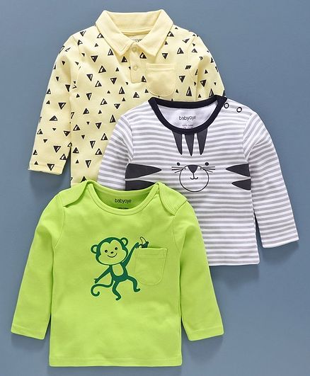 Babyoye Cotton Blend Full Sleeves Tee Animal Print Pack of 3 - Green Yellow