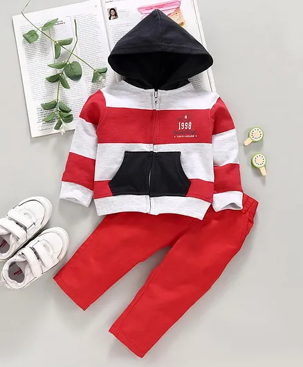 ToffyHouse Hooded Sweat Jacket And Lounge Pant Text Print - Red Black