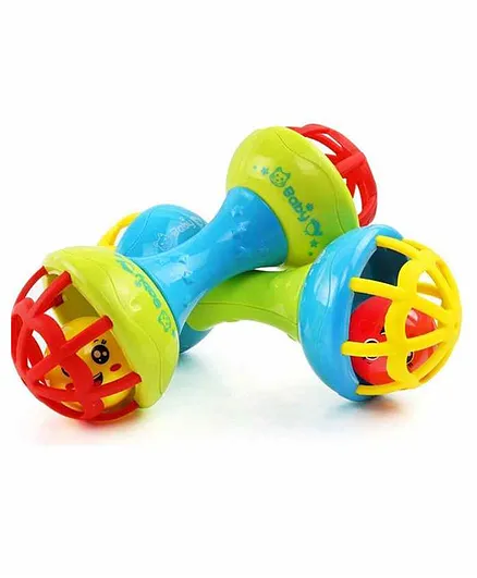 Yamama Baby Dumb Bell Shaped Rattle Teether Pack of 2 - Multicolor