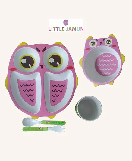 Little Jamun 5 Piece Bamboo Fibre Feeding Set Owl Print - Purple