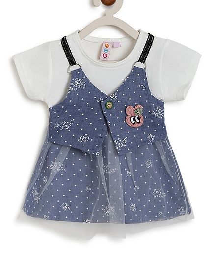 Kids On Board Half Sleeves Polka Dot Printed Fit & Flared Dress - Blue