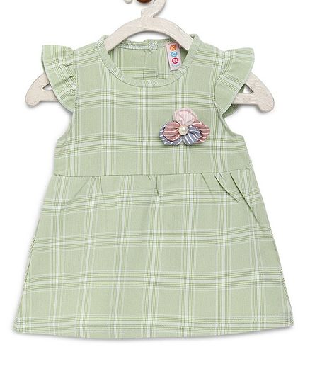 Kids On Board Cap Sleeves Checkered Dress - Light Green
