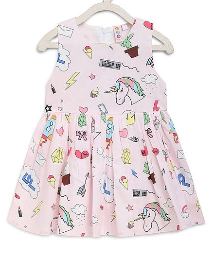 Kids On Board Sleeveless Cactus & Unicorn Printed Flared Dress - Light Pink