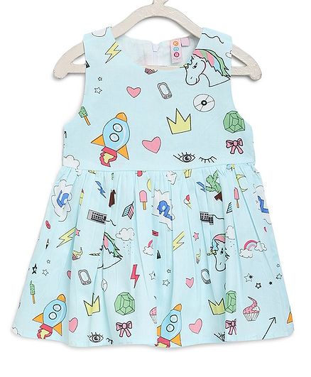 Kids On Board Sleeveless Cactus & Unicorn Printed Flared Dress - Light Blue