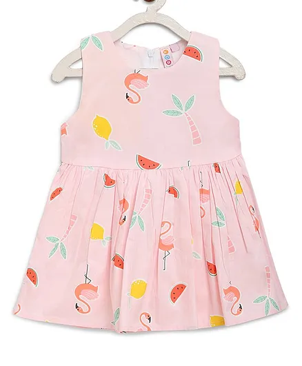 Kids On Board Sleeveless Flamingo & Watermelon Printed Flared Dress - Light Pink