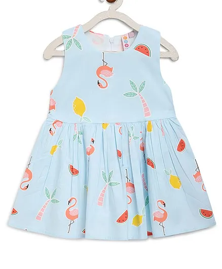 Kids On Board Sleeveless Flamingo & Watermelon Printed Flared Dress - Light Blue