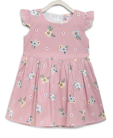 Kids On Board Cap Sleeves Flower Printed Dress - Pink