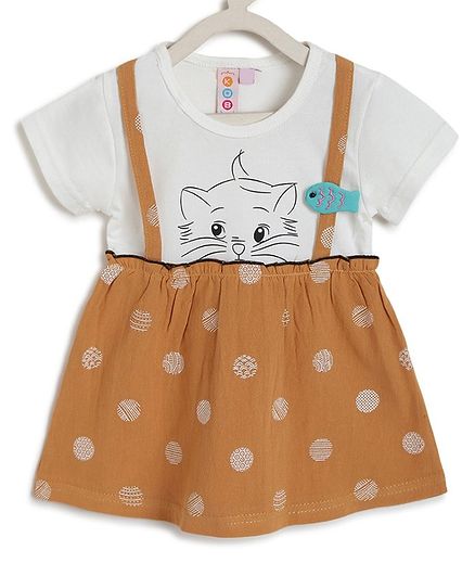 Kids On Board Half Sleeves Cat Printed Flared Dress - Brown