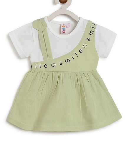 Kids On Board Short Sleeves Smile Print Flared Dress - Green