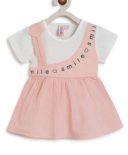 Kids On Board Short Sleeves Smile Print Flared Dress - Peach