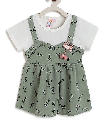 Kids On Board Short Sleeves Giraffe Print Dress - Green