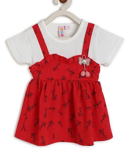 Kids On Board Short Sleeves Giraffe Print Dress - Red
