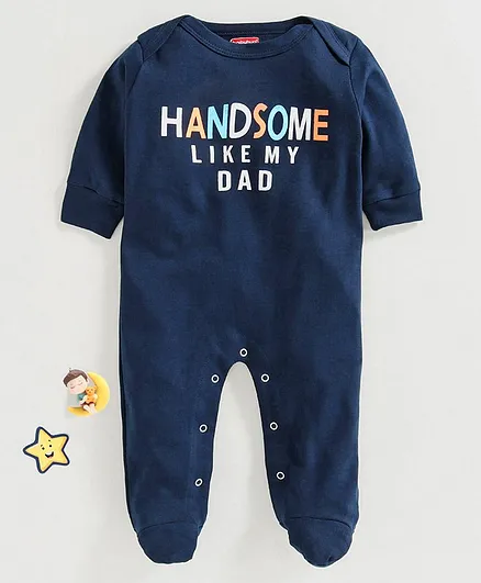Babyhug Full Sleeves Footed Sleep Suit Text Print - Navy Blue