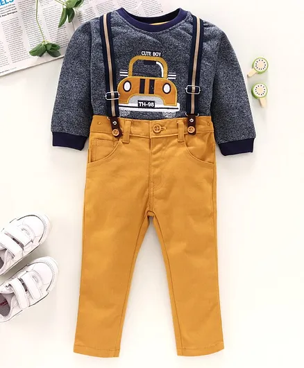 ToffyHouse Full Sleeves Tee with Trousers & Suspenders Car Patch - Blue Yellow