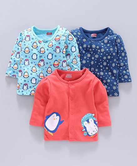 Babyhug 100% Cotton Vest Penguin Print Pack of 3 - Red Blue